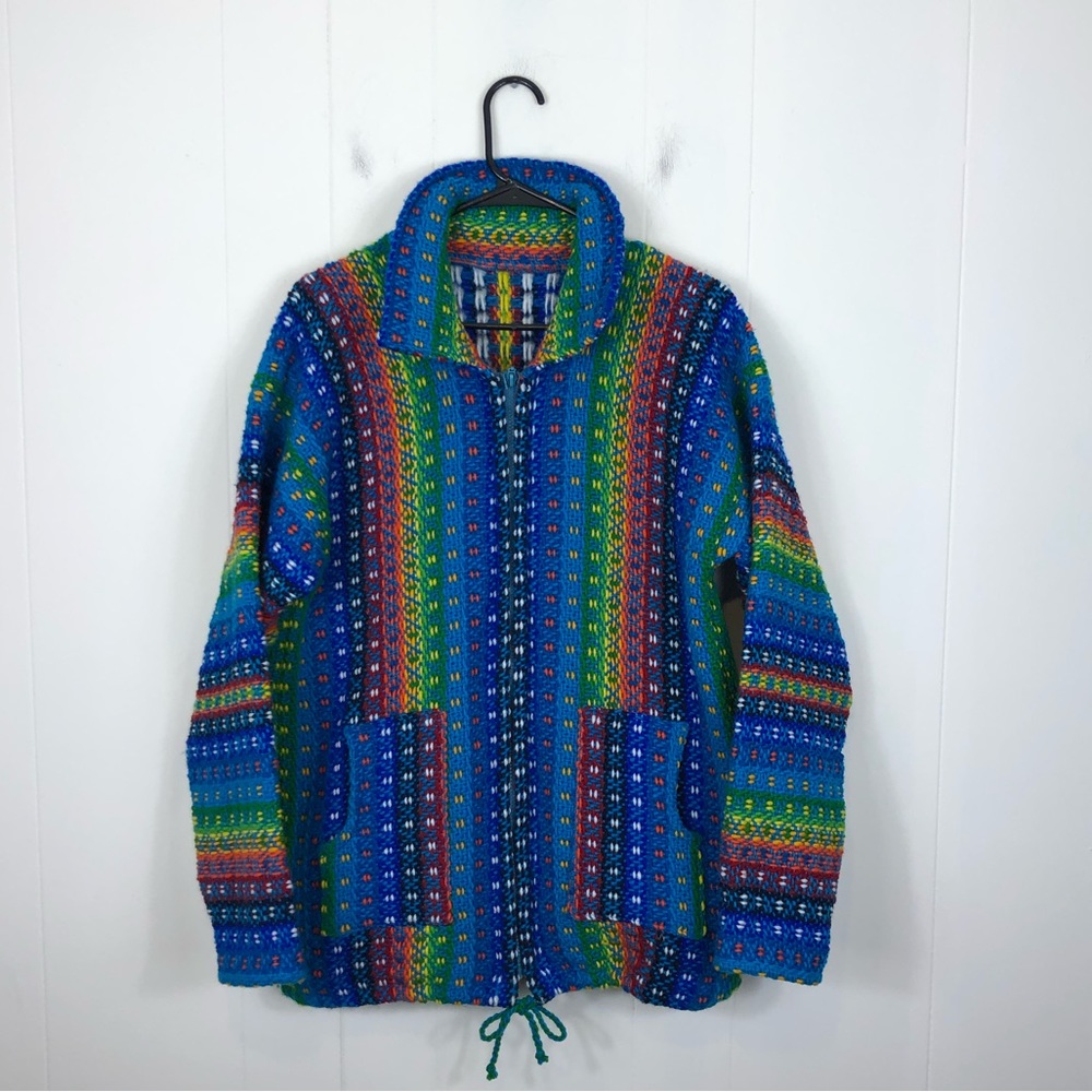 Vintage 90s Earth Ragz Rainbow Wool Knit Full‎ Zip Jacket Sz L